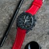 Red Monaco rubber strap paired with mission to mercury watch