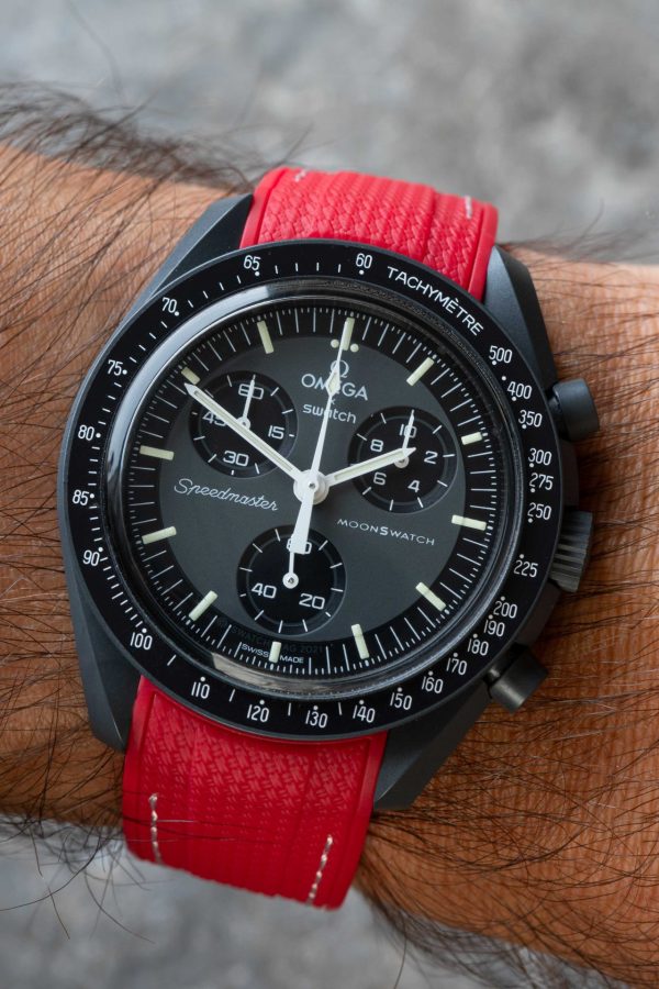 Red Monaco rubber strap paired with mission to mercury watch