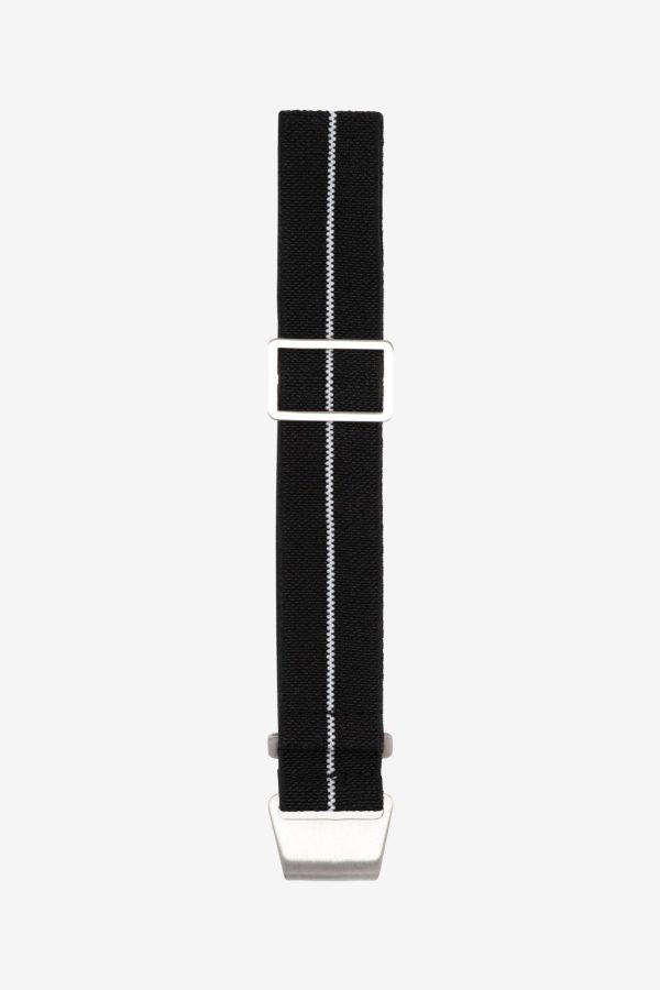 Black nylon parachute watch strap with one white stripe