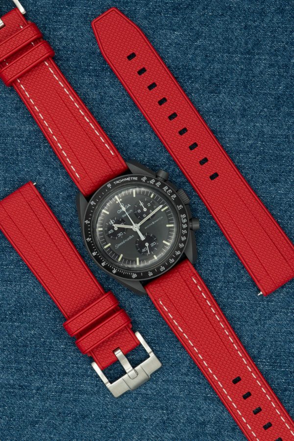 Straight End Rubber Watch Strap - Red - White Contrast Stiches